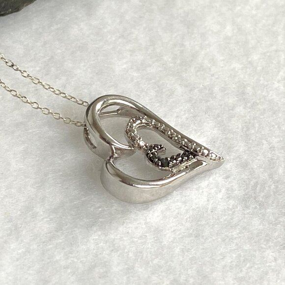 Sterling Silver 925 Diamond Open Heart Asymmetric Pendant Necklace 18" Chain - Picture 7 of 16